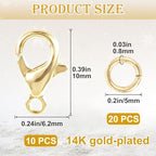 30pcs Lobster Claw Clasps & Jump Rings, 14K Gold Plated Metal Lobster Clasps, Jump Rings Jewelry Finding Kit for Necklace Bracelet Jewelry Making - color: 14K Gold-30pcs