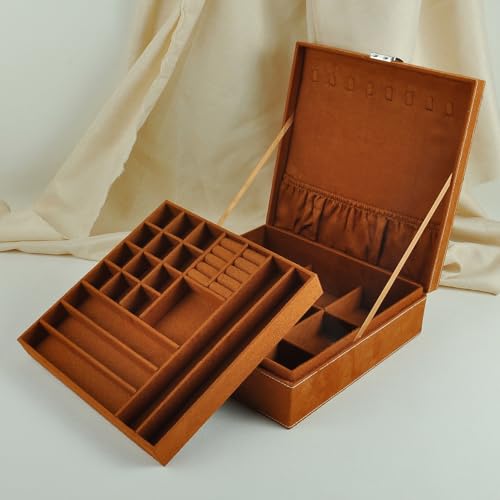Jewelry Boxes 10 x 10 Inches 2-layer Handle Necklace Holder Organizer Jewellery Women Rings Storage Display Girls Earrings Case Lockable Jewelry Tray GY641 (Caramel) - color: Caramel
