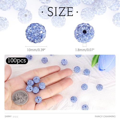 100 Pcs Light Sky Blue Rhinestone Beads for Jewelry Making, Sparkle Crystal Clay Christmas for Bracelet Baseball Necklace Earring Crafting and DIY, Shiny Round Shamballa Disco Ball Beads Bulk - color: Light Sky Blue, size: 100 pcs
