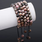 MASSIVE BEADS Natural Healing Power Gemstone Crystal Beads Unisex Adjustable Macrame Bracelets - color: Pink Black Rhondonite, size: 8mm