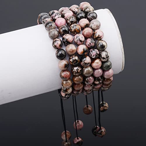 MASSIVE BEADS Natural Healing Power Gemstone Crystal Beads Unisex Adjustable Macrame Bracelets - color: Pink Black Rhondonite, size: 8mm