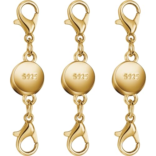 925 Silver and Gold Magnetic Necklace Clasps, Round Necklace Clasp Closures for Jewelry Making,Magnetic Necklace Clasps and Extenders,for Bracelet Necklace and Accessories (3pcs Gold) - color: 3pcs gold