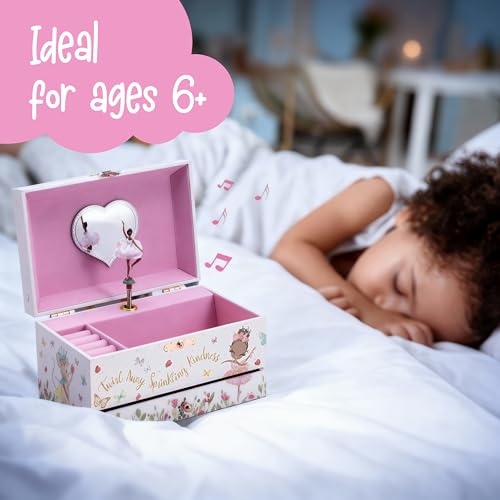 The Memory Building Co Black Ballerina Musical Jewelry Box Plays Classic Melody, Storage Organizer Music Box for Kids Ages 6-12 MDF Wood w/ 2 Fabric Lined Ring Bracelet Necklace Treasure Compartments - style: Ballerina_Black