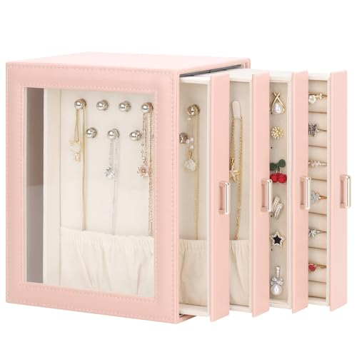DesignSter Jewelry Box Organizer, Jewelry Box for Women, PU Jewelry Organizer Display Case with Side Drawers, Jewelry Storage for Earring Necklace Ring Bracelet Watch - color: Pink