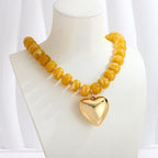 Gold Heart Pendant Necklaces for Women Colorful Acrylic Resin Beaded Choker Necklace Fashion Chunky Statement Beaded Heart Necklace - color: Yellow