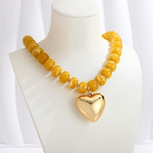 Gold Heart Pendant Necklaces for Women Colorful Acrylic Resin Beaded Choker Necklace Fashion Chunky Statement Beaded Heart Necklace - color: Yellow