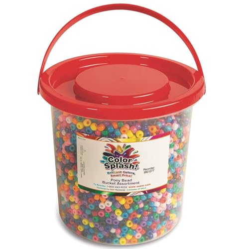 S&S Worldwide Color Splash! Pony Bead Bucket – 6,500+ Multi-Colored Plastic Pony Beads, 6x9mm, 10 Assorted Colors – 4 lb Bulk Set for DIY Crafts, Jewelry Making, Bracelets & Hair Beads