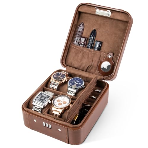 KAMIER Watch Case with Combination Lock - 4 Watch Storage and Jewelry Organizer - Watch Travel Case for Ring and Watch Storage, PU Leather Travel Watch Case, Ideal for Gift (With Gift Box), Brown - color: Brown