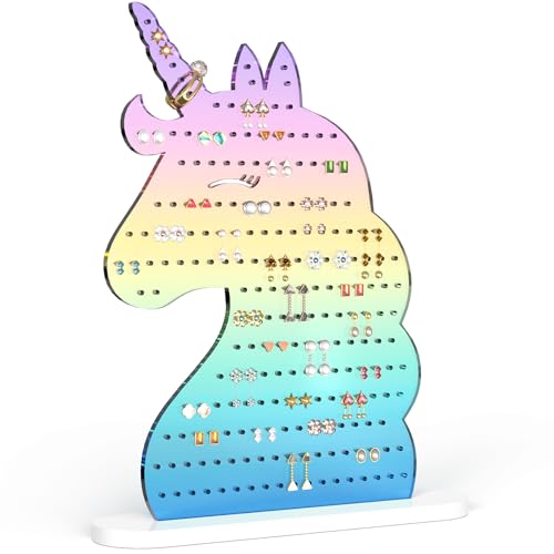 NiHome Acrylic Unicorn Earring Holder with 214 Holes for 80–107 Pairs, Smiling Unicorn Jewelry Display Stand for Teens and Women, Stud & Dangle Earring Organizer with Anti-Slip Pads (Gradient Rainbow) - color: Gradient Rainbow