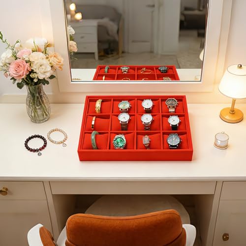 Jewelry Watch Tray, Red Velvet Watch Jewelry Organizer 12 Grid, Stackable Watch Bracelet Bangle Display Holder, Adjustable Pillows, for Man Woman Show Birthday - color: Red