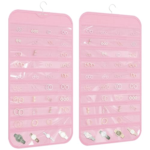 1 Pack Hanging Jewelry Organizer 80-Pocket Dual-sided Jewelry Storage for Earring Necklace Bracelet Ring Travel Holder, Pink - color: Pink