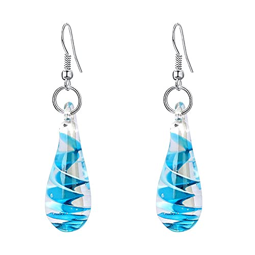 Glass Water Drop Shape Glaze Spiral Dangle Earrings Lampwork Handmade Glass Bead Geometric Earrings for Women Jewelry - color: Blue