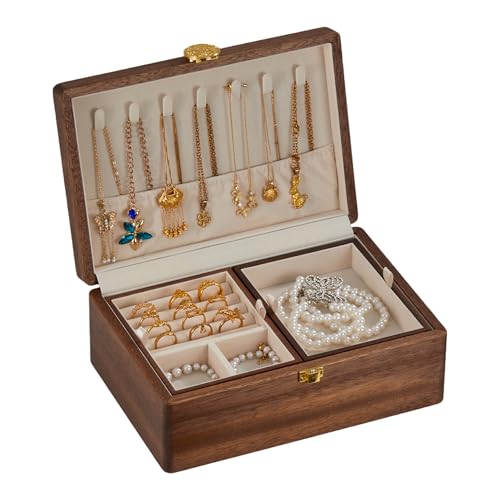 Wooden Jewelry Box For Women Jewelry Organizer Box With Lock 2 Layer Jewelry Holder Organizer For Necklace Ring Earring - color: Double Nut-BrownB