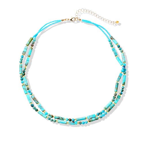 Elisheva Natural Stone Choker Necklace for Women, Boho Natural Emperor Jasper Stone Lace Agate Beaded Crystal Necklace, Gemstone Jewelry Gift for Her - style: 2 layered blue emperor stone
