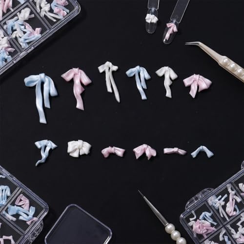 12 Grids Pink & Blue Mixed Ribbon Bow Nail Charms - Fresh Pastel Resin Bow Nail Decorations, Two-Tone Bow Nail Gems for Acrylic/Gel Nails DIY Manicure
