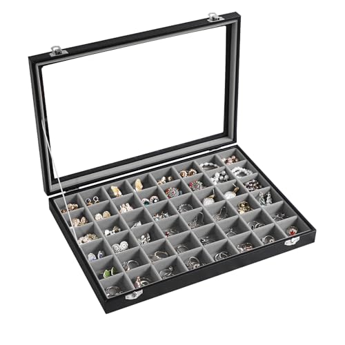 Stratalife Jewelry Organizer 48 Grid Jewelry Tray with Clear Lid Dust-proof Velvet Earring Organizer Necklace Rings Holder Display Drawer Storage Case for Women Gray Black - color: Gray-Black, size: 48 Grid