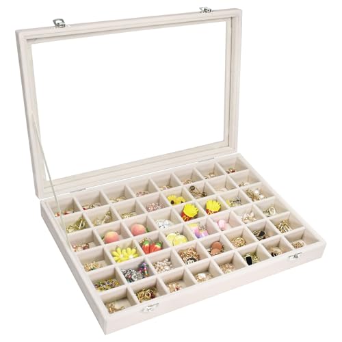 Vicoter Velvet Jewelry Tray 48 Compartments Jewelry Display Organizer with Transparent Cover Rings, Earrings, Necklaces, Pendants Storage Box for Girls, Wives, Mothers, Women - color: Beige, size: 48 Grid