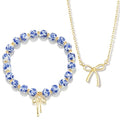 Bow Bracelet Necklace Set 14K Gold Beaded Bracelet Dainty Bow Pendant Choker Jewelry Gift Set - color: Blue