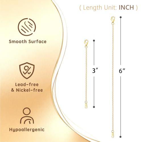 Gold Necklace Extender 14K Gold Plated Durable Necklace Extender, 925 Sterling Silver Chain for Bracelet Anklet, 2 Piece Set 3" 6" Inches - color: Gold, size: 3 6 inch