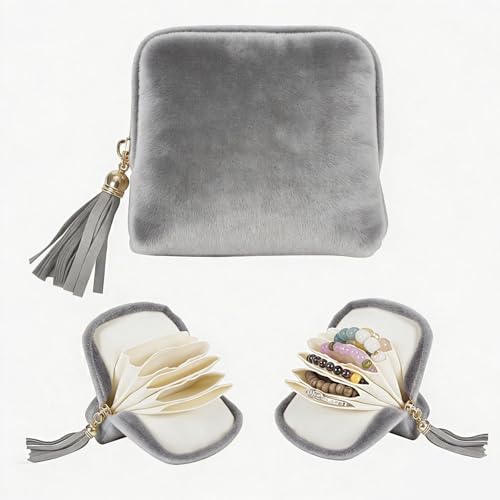 Travel Jewelry Case Small with Tassel Zipper, Soft Velvet Travel Jewelry Organizer Pouch for Necklaces, Rings and Earrings, Portable Multi Layer Jewelry Bags, Anti Tangle Storage - color: grey