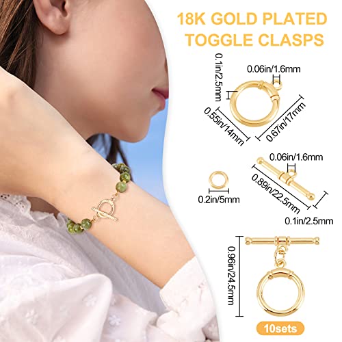 Beebeecraft 10 Sets 18K Gold Plated Toggle Jewelry Clasps Connectors Round Ring Toggle T Bar Clasps Sets for Necklace Bracelet Earring Making, 17x14mm - color: #3