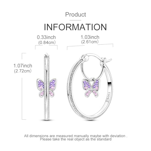 LAZA 925 Sterling Silver Hoop Earrings for Women, Sterling Silver Butterfly Hoops Colorful Flowers Hoop Huggie Earrings Hypoallergenic Jewelry Gifts for Women - color: Purple Butterfly Earring