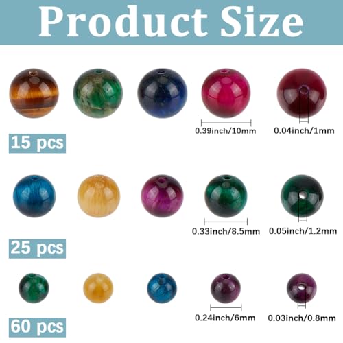 100PCS Natural Tiger Eye Stone Beads with Hole Round Energy Gemstone Pink Blue Green Smooth Polished Loose Spacer Bead Bulk for Jewelry Making Earrings Bracelets Necklaces DIY Crafts Supply - size: mix 100pcs