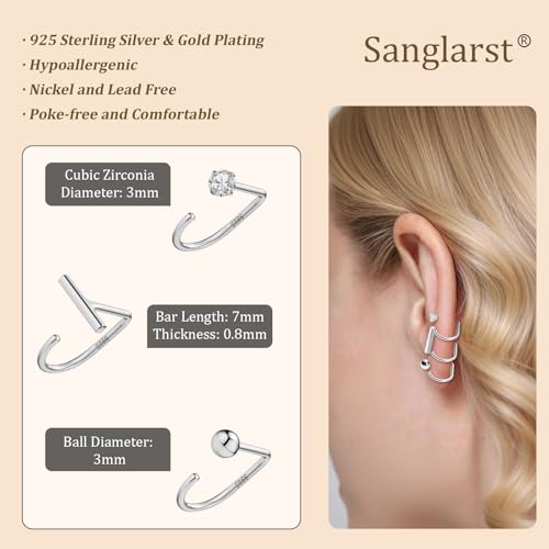 925 Sterling Silver 14K Gold Plated Huggie Half Hoop Earrings — Sleep-Friendly Poke-Free Hypoallergenic Stackable Earring — Comfortable & All Day Wear - color: CZ-White Gold