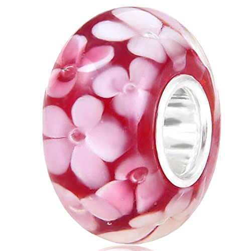 Murano Glass Charms Authentic 925 Sterling Silver Charms Core Red Flower Pink Love Heart White Yellow Glass Beads fit Pandora Style Bracelet for Women Wife Anniversary DIY Gift - color: color_8