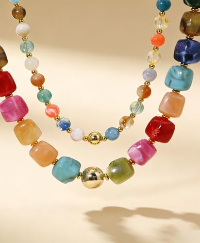 BOMAIL 2PCS Chunky Acrylic Beaded Choker Necklaces for Women Boho Colorful Resin Bead Choker Necklaces Set Big Bead Necklace Fashion Trendy Summer Necklaces Jewelry - color: B:Gold Bead