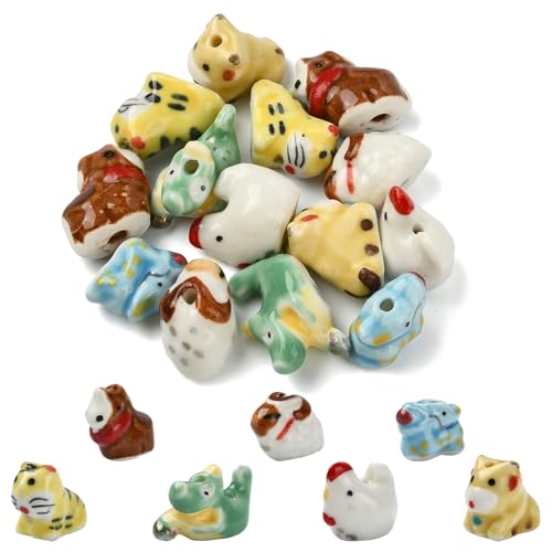 14 pcs 7 Styles Cute Animal Theme Porcelain Ceramic Beads Dinosaur Tiger Dragon Rooster Sheep Cartoon Beads for DIY Jewelry Necklace Bracelet Earring Keychain Craft Decor - color: Cute Animal Beads-14 pcs