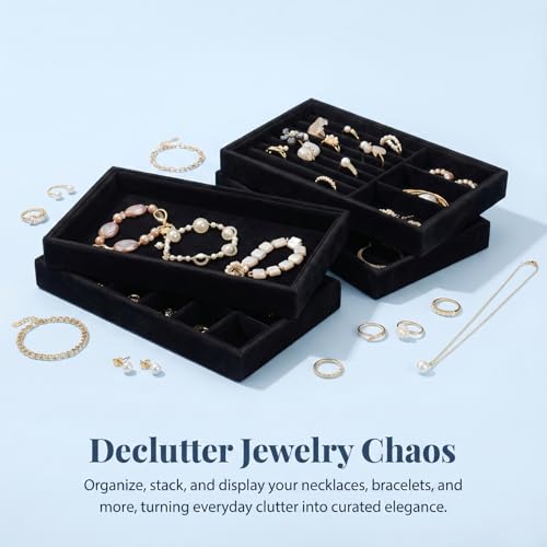 Elsjoy 8 Pack 4 Styles Black Velvet Jewelry Trays, Jewelry Organizer Tray Stackable Jewelry Storage Tray for Drawer, Rings, Earrings, Necklace