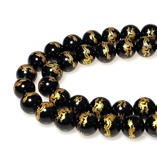 MJDCB Natural Stone Beads 8mm 43pcs Round Black Onyx Carved Dragon Loose Gemstone Bead Charms for Jewelry Making Bracelet Necklace Earring Pendant - color: Black Onyx Carved Dragon, size: 8mm
