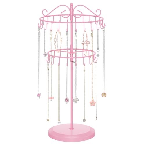 iDavosic.ly 2 Tier Rotating Necklace Holder Organizer with 42 Hooks, Adjustable Metal Bracelet Display Stand Rack, Extra Tall Keychain Spinning Tree Tower for Women, Pink - color: Candy Pink