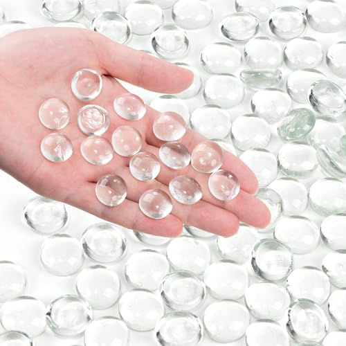 Clear Flat Glass Marbles, 1 lb Transparent Vase Filler Pebbles Gems, Decorative Glass Beads for Vases, Crafts, Floral, Mancala Stones, Centerpieces, Aquarium Rocks for Fish Tank (Approx. 80-100 PCS) - color: Clear