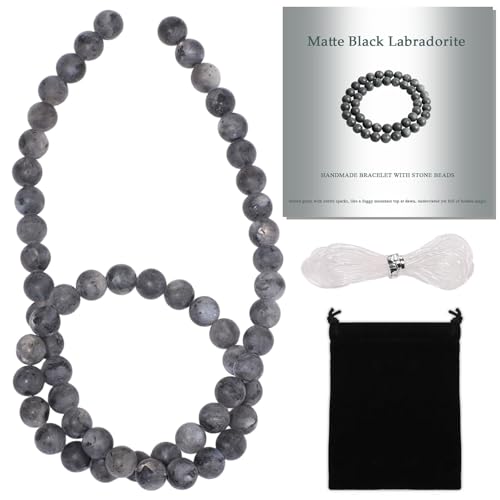 Stone Beads, 60pcs Matte Black Labradorite, 6mm Round Loose Beads for Jewelry Making, Bracelets, with Bag, String & Card - color: Matte Black Labradorite, size: 6mm