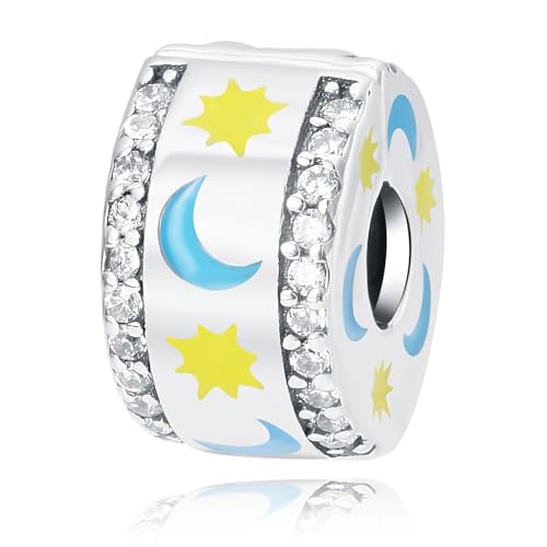 Spacer Stopper Beads for Bracelets & Necklaces, 925 Sterling Silver Beads | Smooth & Pave Cubic Zirconia (White, Blue, 18K Gold Plated) | Anti-Slide Separator Charms S925 Women Jewelry - color: Luminous Stars And Moon-Bead Charms