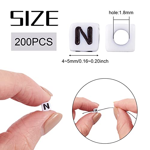 240pcs Opaque Acrylic Letter N Cube Beads White Plastic Alphabet Loose Spacer Square Beads 4-5mm for DIY Name Bracelet Necklace Jewelry Crafts Making Hole: 1.8mm - color: Letter N#White and Black