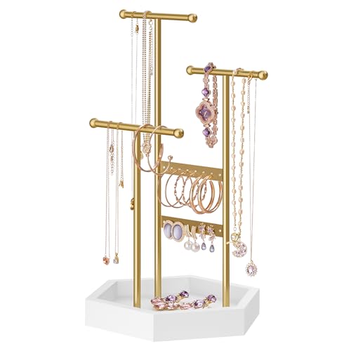 SONGMICS Jewelry Holder, Jewelry Organizer, 3 Tiers and 1 Tray, Jewelry Display Stand with Metal Frame, Necklace Earring Bracelet Holder, for Rings, Pale Gold and White UJJS003A01 - color: Pale Gold + White, size: 1 Pack