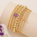 14K Gold Beaded Cross Beaded Bracelet Stack Set for Women,7PCS Bohemian Colorful Beads Ball Stretch Stackable Bracelets Trendy Holiday Birthday Gift - color: Purple