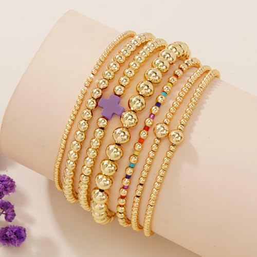 14K Gold Beaded Cross Beaded Bracelet Stack Set for Women,7PCS Bohemian Colorful Beads Ball Stretch Stackable Bracelets Trendy Holiday Birthday Gift - color: Purple