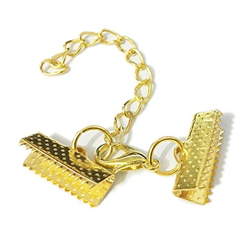 10 Set Ribbon Clamp Crimp Ends Beads Pinch with Lobster Claw Swivel Clasps Extension Chain Jump Rings Cords End Caps String Flat Leather Clip Foldover Necklace Bracelet Connectors (Gold Crimp 25mm) - color: Gold Crimp 25mm