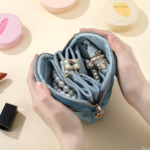 Velvet Travel Jewelry Pouch, 2-in-1 Clamshell Case with Detachable Insert, Portable Travel Jewelry Organizer with Wrist Strap, Converts to Mini Coin Purse, Gift for Women & Girls (Teal Blue) - color: Teal Blue