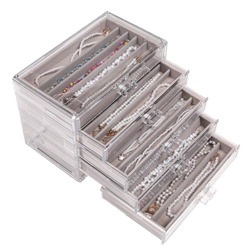 5 Drawerss Necklace Organizer Box, Tray with Clear Lid, Dustproof Velvet Necklaces Holder Storage Display Case, Gery Necklace Tray Drawer Insert for Pendant Suitable for Women and Girls (25 grids) - color: Grey-5layer