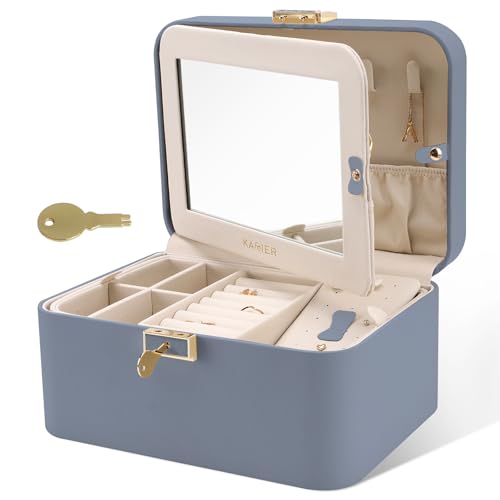 KAMIER Jewelry Organizer Box, 2 Layers PU Leather, Large Capacity, Double Lock and Large Mirror, Hidden Necklace Hooks, Removable Dividers, Gift Box Packaging,Bluish Grey - color: Bluish Grey, size: Mirror