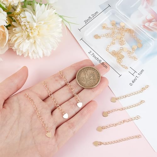 Beebeecraft 20Pcs Heart Necklace Extender 18K Gold Plated 53mm Extender Chain End Chains with Heart Chain Tabs for Jewelry Making Bracelet Findings - color: Gold-heart