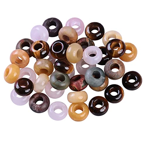 TUMBEELLUWA 40pcs Crystal Stone Large Hole Beads for Jewelry Making Macrame Beads for Hair Braids(14mmx8mm), Tiger's Eye Stone + Rose Quartz + Picasso Jasper + Yellow Jade - color: Brown+Pink+Red+Yellow