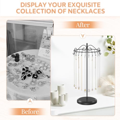iDavosic.ly Rotating Necklace Holder Organizer with 24 Hooks, Adjustable Metal Bracelet Display Stand Rack, Extra Tall Keychain Spinning Tree Tower for Women, Black - color: Black - 1 Tier
