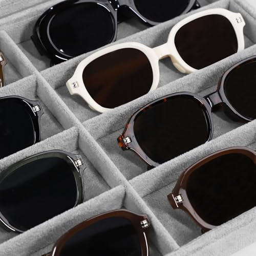 Wudygirl Jewelry organizer Sunglass Organizer 8 Slot Velvet Jewelry Tray Sunglasses Case with Lid Multi Eyeglass Case for Women Men（8 Grid - style: 8 Grid Jewelry Tray