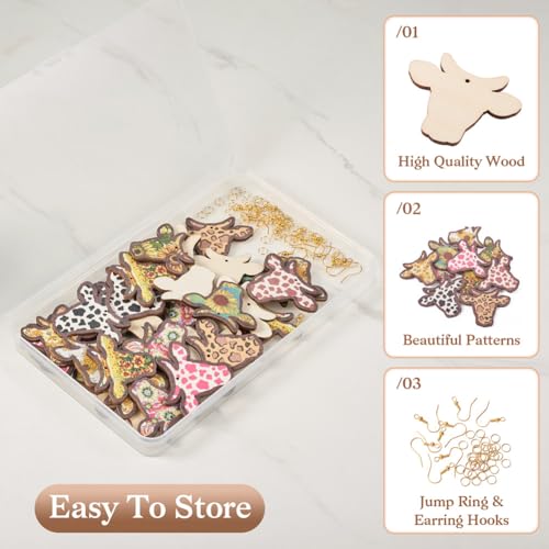 40pcs Wooden Cow Head Charms Western Style Flower Printed Ox Head Pendants & 50pcs Earring Hooks & 50pcs Jump Rings for Boho Earring DIY Jewelry Making - color: Cow Head